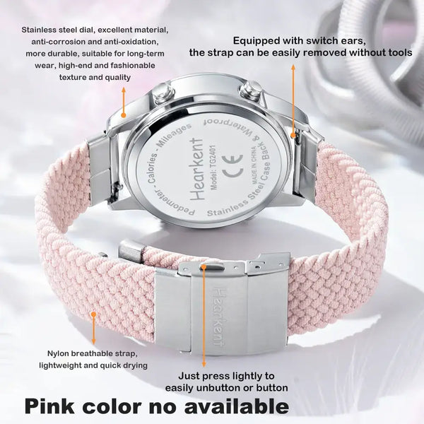 A stainless steel watch with a light pink woven nylon strap, shown from the back with callout text and arrows explaining features. The brand name Hearkent is visible on the watch case and clasp.