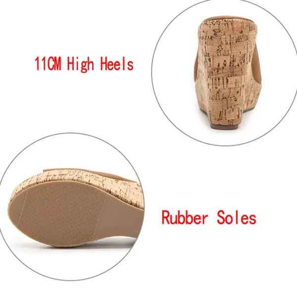 Cork wedge heel with rubber sole and 11cm height label on a white background