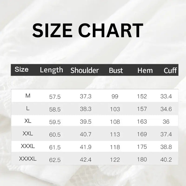 Size chart for clothing measurements on a white background