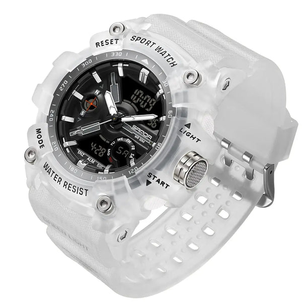 A rugged sport watch with a translucent white resin case and strap, featuring a black analog-digital face with silver-tone details and white text labels.