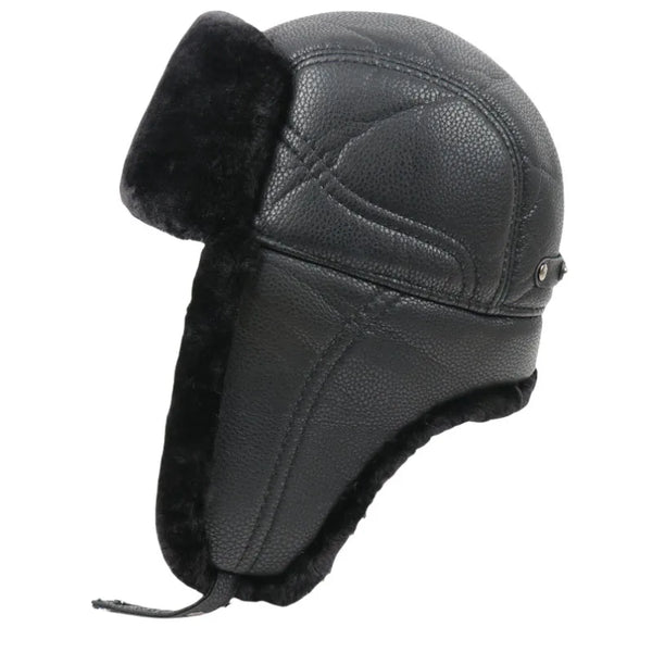 Black leather aviator hat with earflaps on a white background