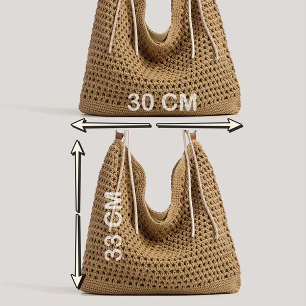 Brown crochet bag with measurements on a light gray background