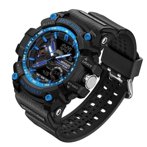 A rugged black sport watch with a textured black strap, a black dial, and bright blue accents on the bezel, hands, and button details, shown on a plain white background.