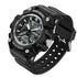 A rugged black sport watch with a textured strap, digital display, and analog sub-dial, shown on a plain white background.