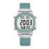 Digital watch with a teal strap and silver case on a white background