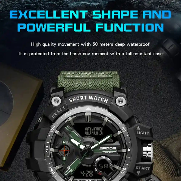 A rugged sport watch with a black case, green textured strap, and green and white dial details, shown against a dark outdoor-style background with promotional text about waterproof performance.