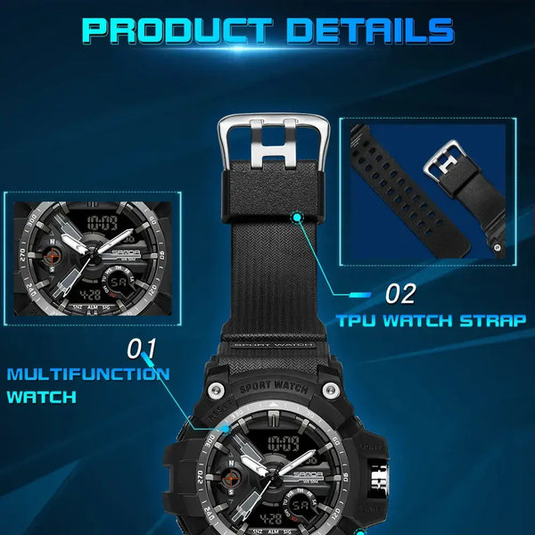 Black sports watch with a textured strap, shown with inset details of the buckle and strap, labeled 'PRODUCT DETAILS' on a blue graphic background.