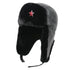 Black winter hat with a red star emblem on a white background
