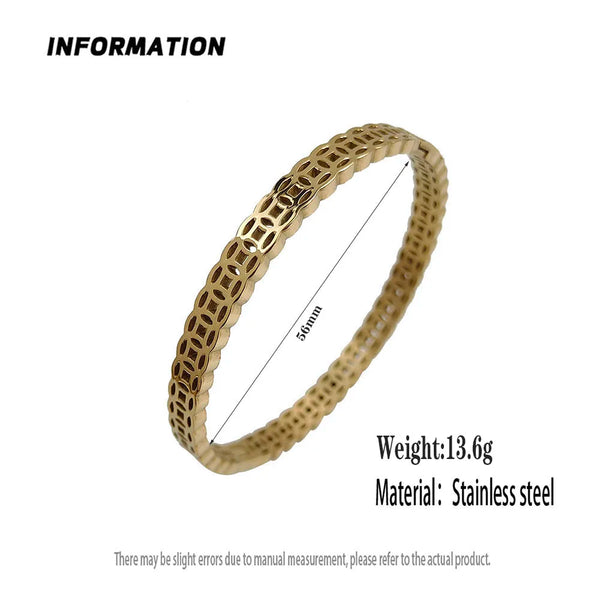 Gold bracelet with measurement details on a white background