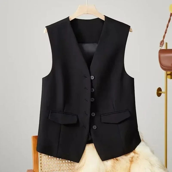 Black vest on a hanger against a neutral background