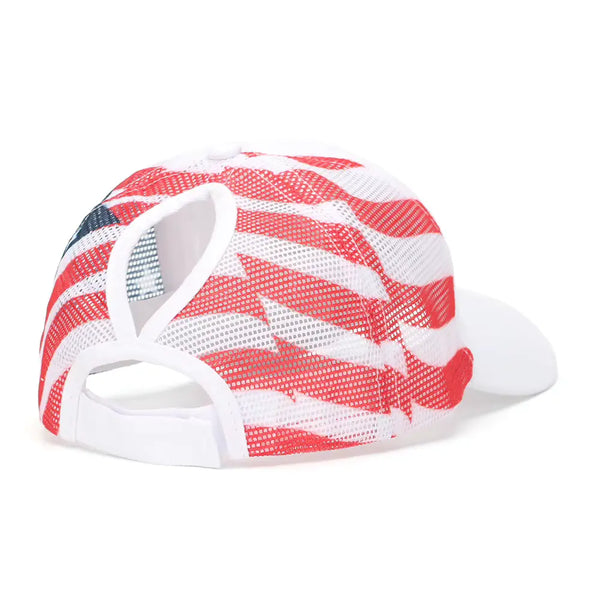 A red, white, and blue patterned trucker-style baseball cap shown from the back, featuring a white visor and white mesh back panels on a white background.