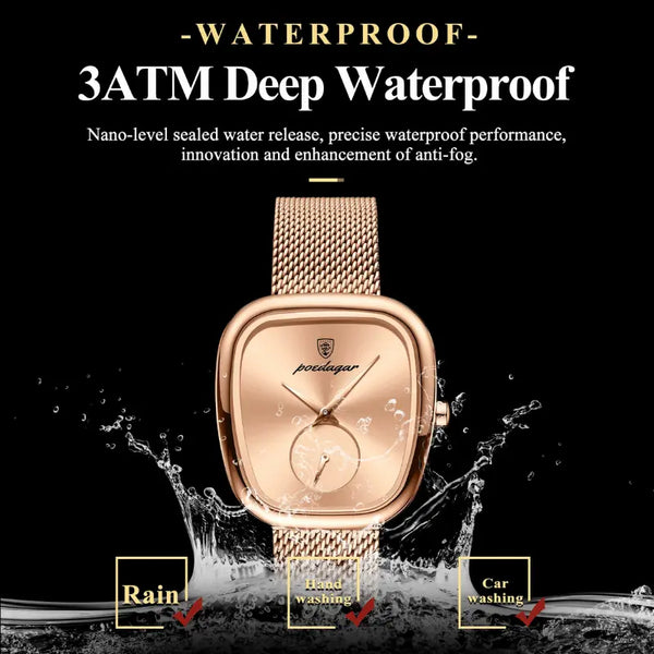 Rose gold watch with waterproof feature on a black background