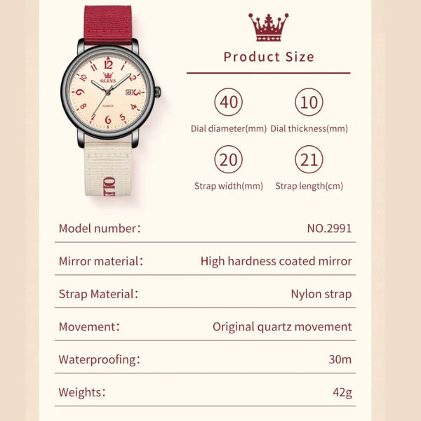 Product size details of a watch with a red strap on a beige background