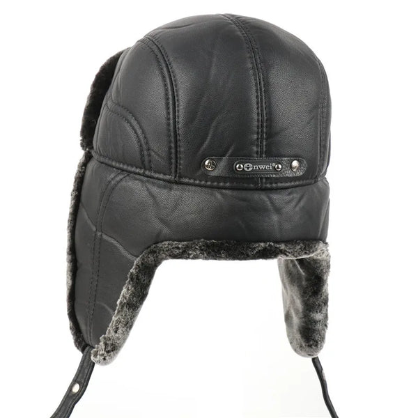 Black leather winter hat with ear flaps on a white background