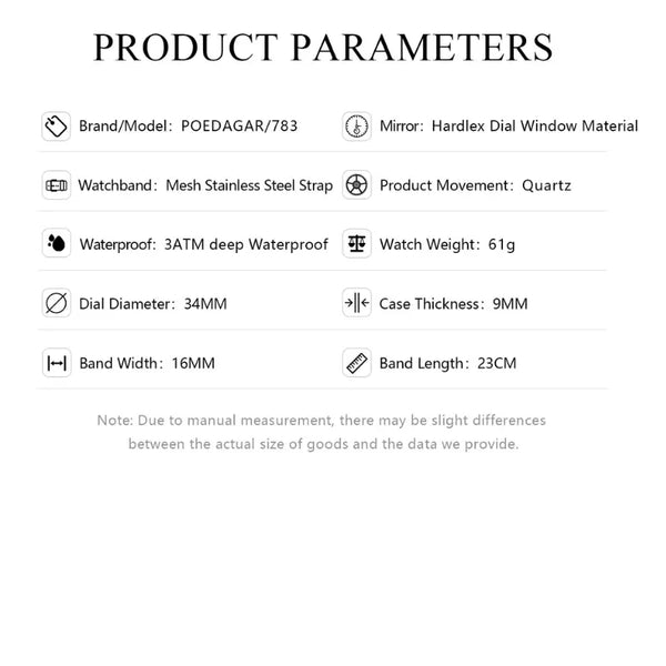 Product parameters of a watch displayed on a white background