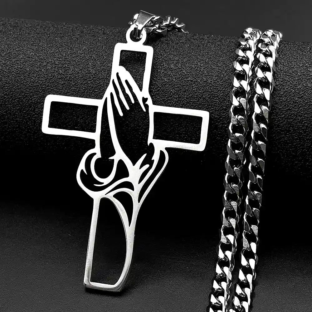 Hollow Cross Praying Hands Necklace