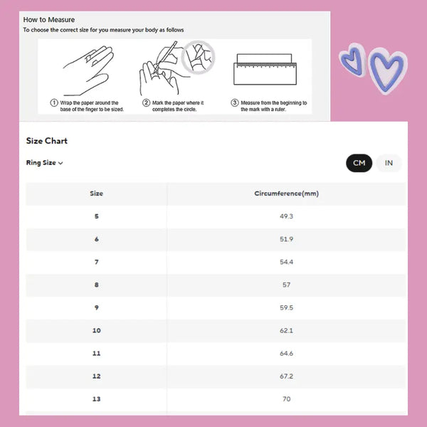 Ring size chart with measurement instructions on a pink background