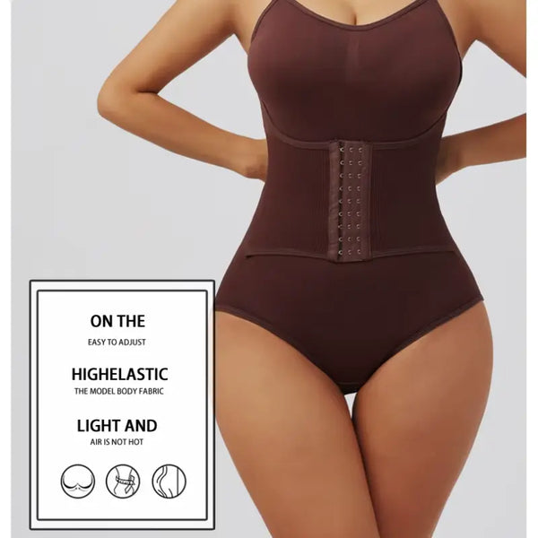 Brown body shaper with text on a white background
