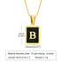 Gold necklace with a black square pendant featuring the letter 'B', showing measurements and material details.