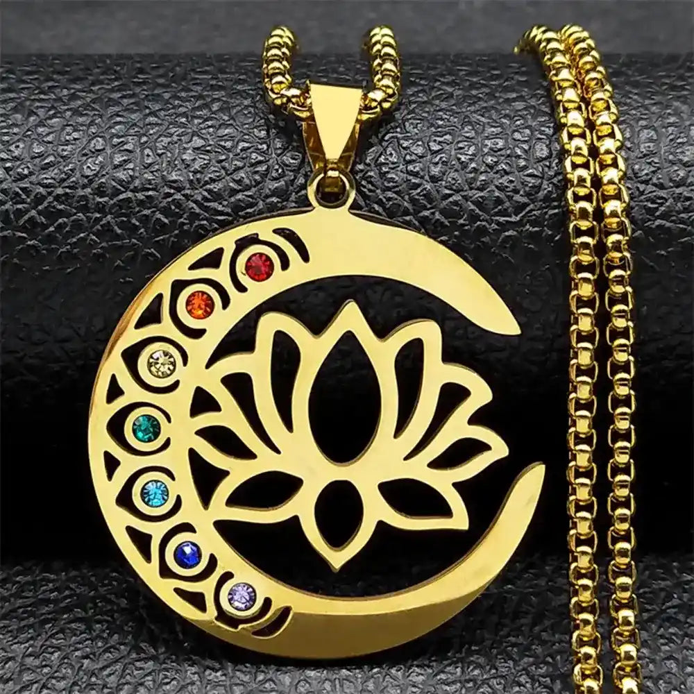 Lotus Flower and Moon Pendant Necklace