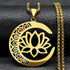 Gold necklace with a lotus flower pendant on a textured black background