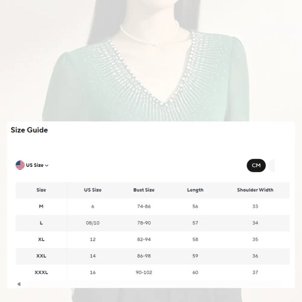 A size guide overlay for a women's V-neck top, showing a model wearing the garment above a size table with US sizes, bust sizes, length, and shoulder width in centimeters.