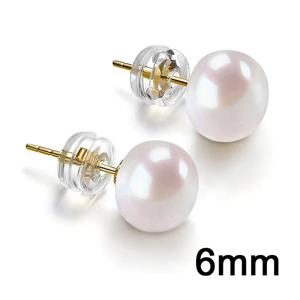 Pearl earrings with gold posts on a white background, labeled '9mm'.