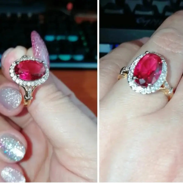 Two views of a ring with a red gemstone on a hand.