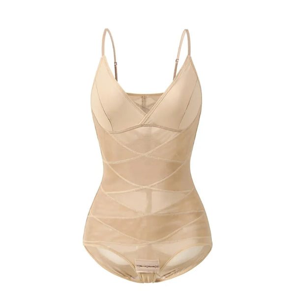 Beige swimsuit with thin straps on a white background
