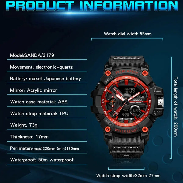A black and red digital sports watch with a textured strap, shown on a dark blue graphic background with product specifications and dimensions listed on the left and right.