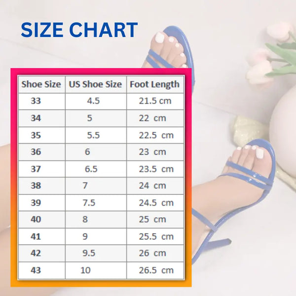 Shoe size chart with foot length measurements and a pair of blue sandals.