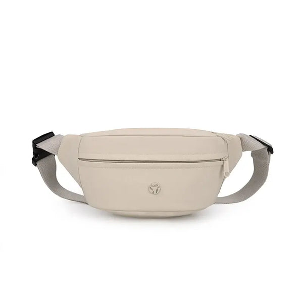 Beige waist bag with a brand logo on a white background