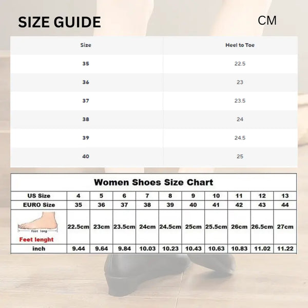 Shoe size chart for women with measurements in centimeters and inches on a white background.