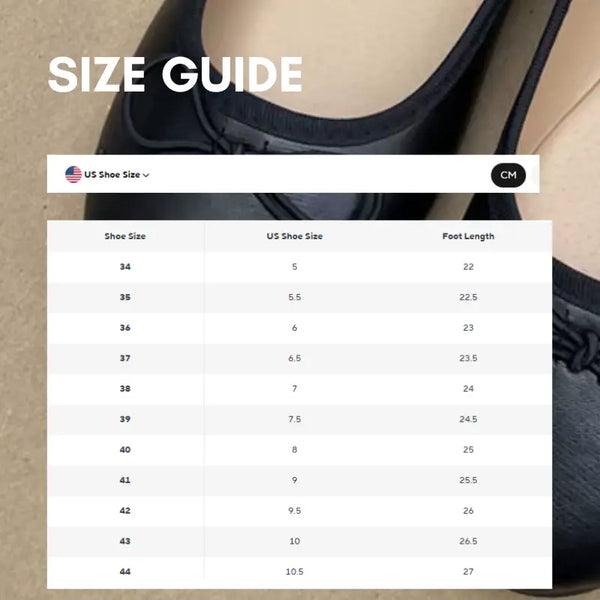 Size guide for shoes with a shoe and foot length measurement on a cardboard background