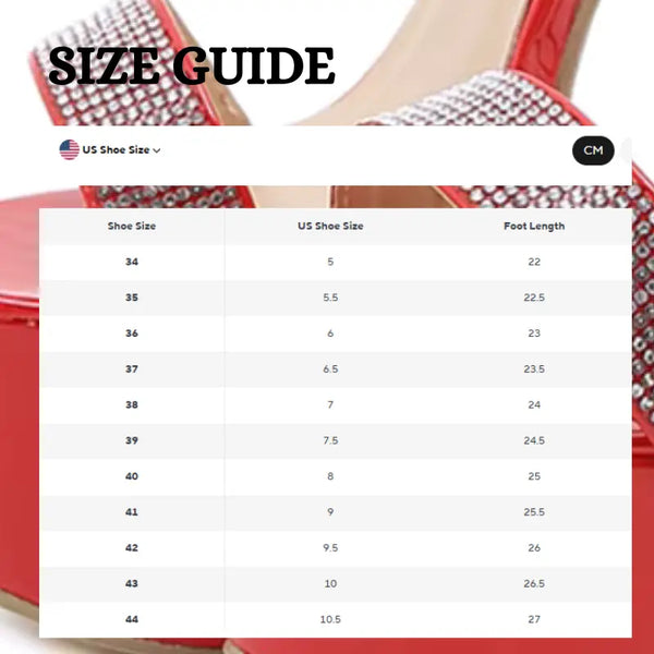Size guide for shoes with a red background