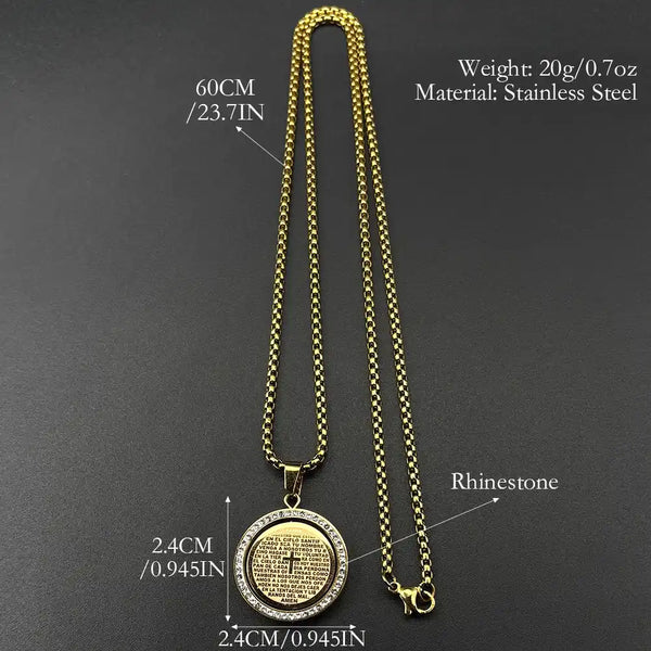 Gold necklace with pendant on a dark background, showing measurements and material details.