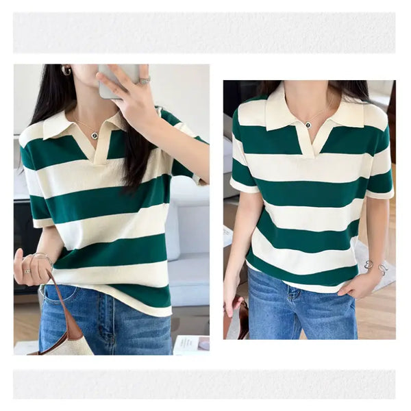 Green and white striped polo shirt worn by a person indoors.