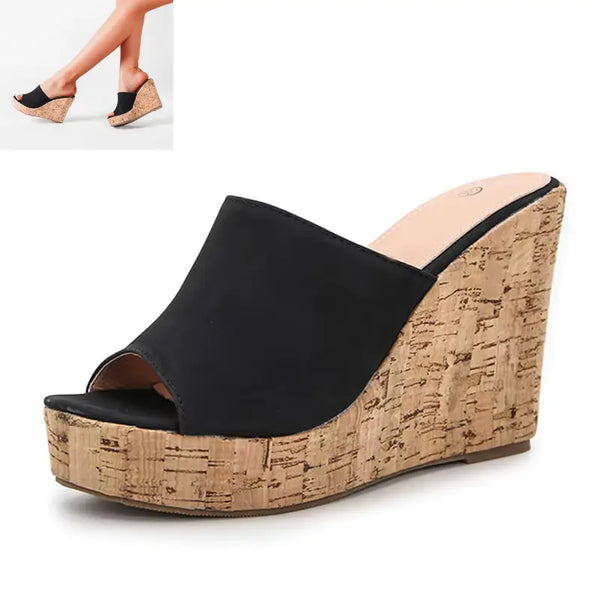 Black wedge sandal with cork platform on a white background