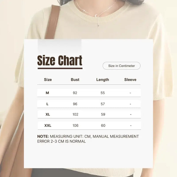 Person holding a size chart overlay on a plain background