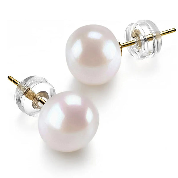 Pearl earrings with gold posts on a white background