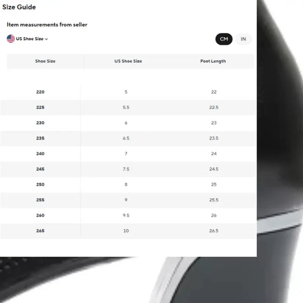 Size guide for shoes with shoe size, US shoe size, and foot length measurements.