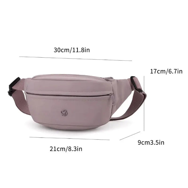 Purple waist bag with measurements on a white background