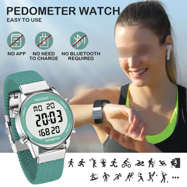 A teal and silver Pedometer Watch is shown alongside a woman in athletic wear who is checking her wrist. The image includes promotional text highlighting features like 'Easy to use', 'No app', 'No need to charge', and 'No Bluetooth required'.