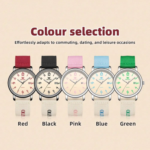 Five watches with different colored straps on a beige background, labeled Red, Black, Pink, Blue, and Green.