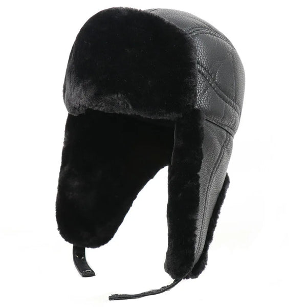 Black winter hat with ear flaps on a white background