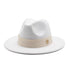 White fedora hat with a beige band on a white background