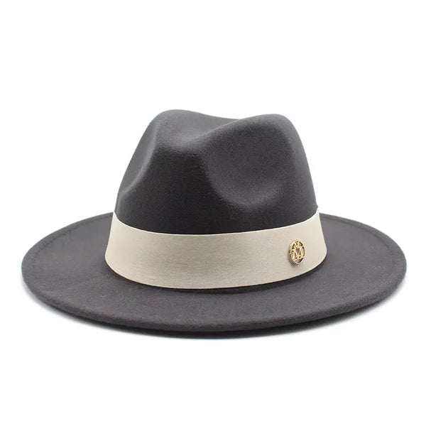 Gray fedora hat with a beige band on a white background
