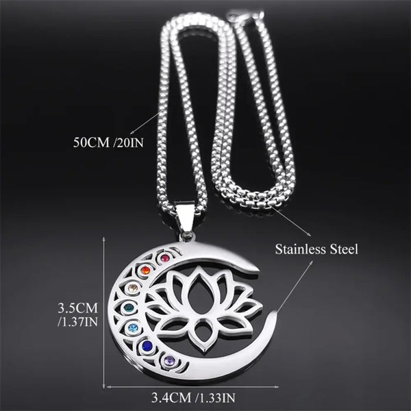 Silver necklace with a lotus flower pendant and measurements on a dark background