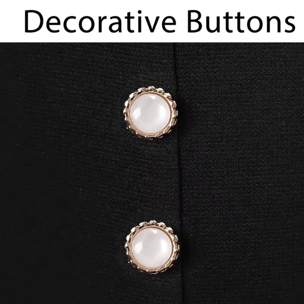 Decorative buttons on a black fabric background with text 'Decorative Buttons'.